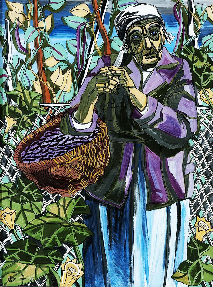 М. Мотика. «Бабця з квасолею». 2006. Скло, туш, олія. Львів